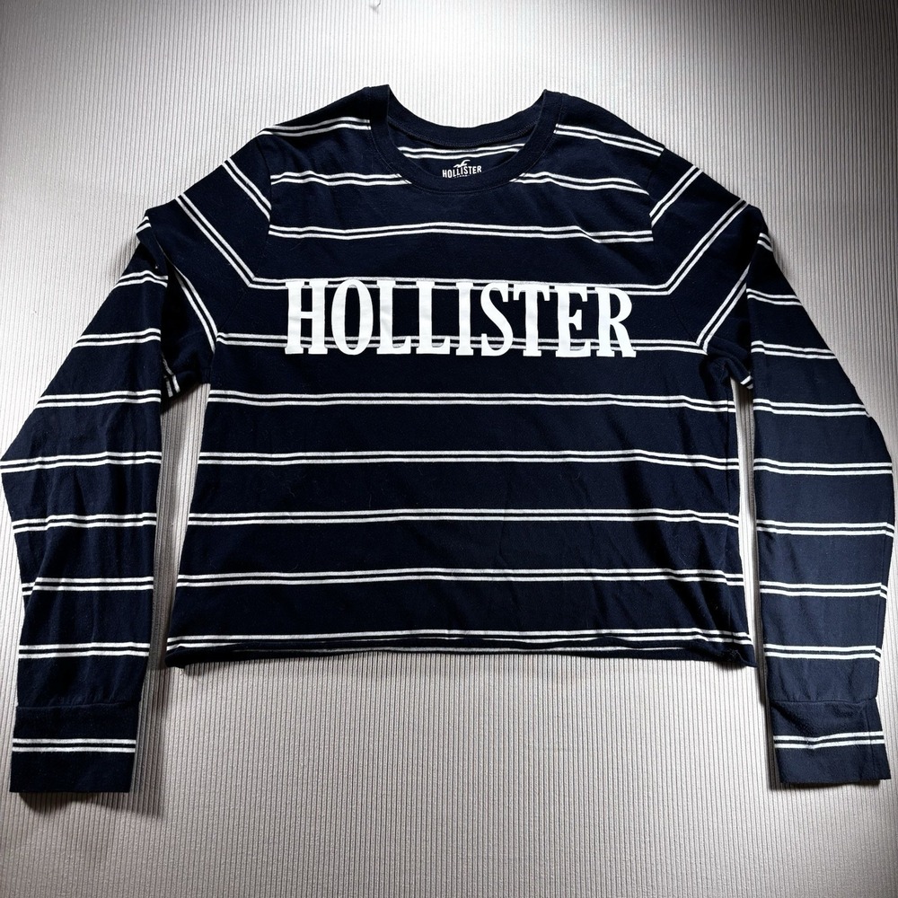Hollister Women's Cropped Long Sleeve T Shirt Navy/White Retro Y2K XS‎